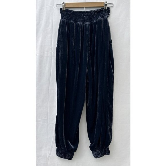 Anthropologie Womens S Velvet Smocked Waist Pants Navy Blue Loose Fit - Picture 1 of 13